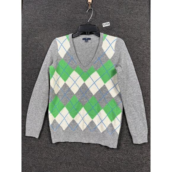 GAP Women's Retro Argyle Wool Blend V-Neck Knit Sweater Womens Sz S Petite Gray - Picture 1 of 7